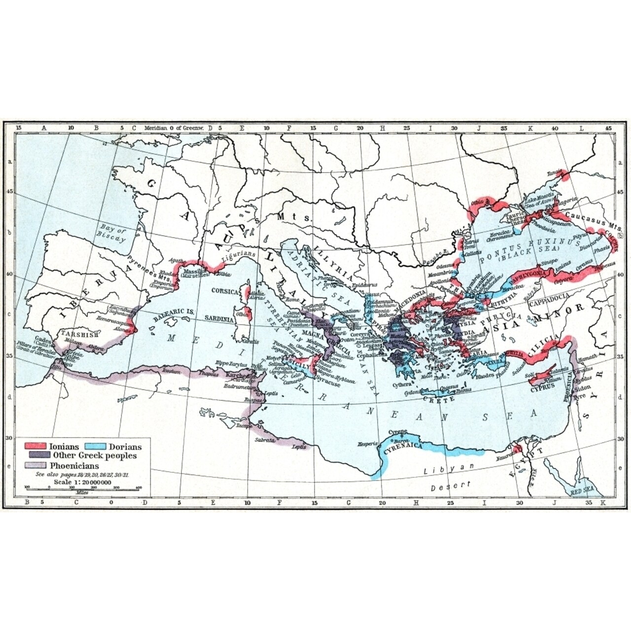 Map Of Greek And Phoenician Settlements In The Mediterranean Basin C.550 B.C. From Historical Atlas Published 1923. By